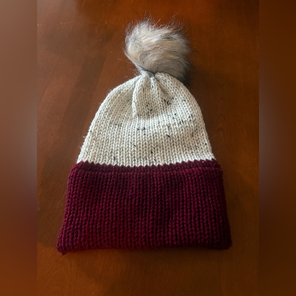 Stylish Burgundy and Cream Pom-Pom Beanie